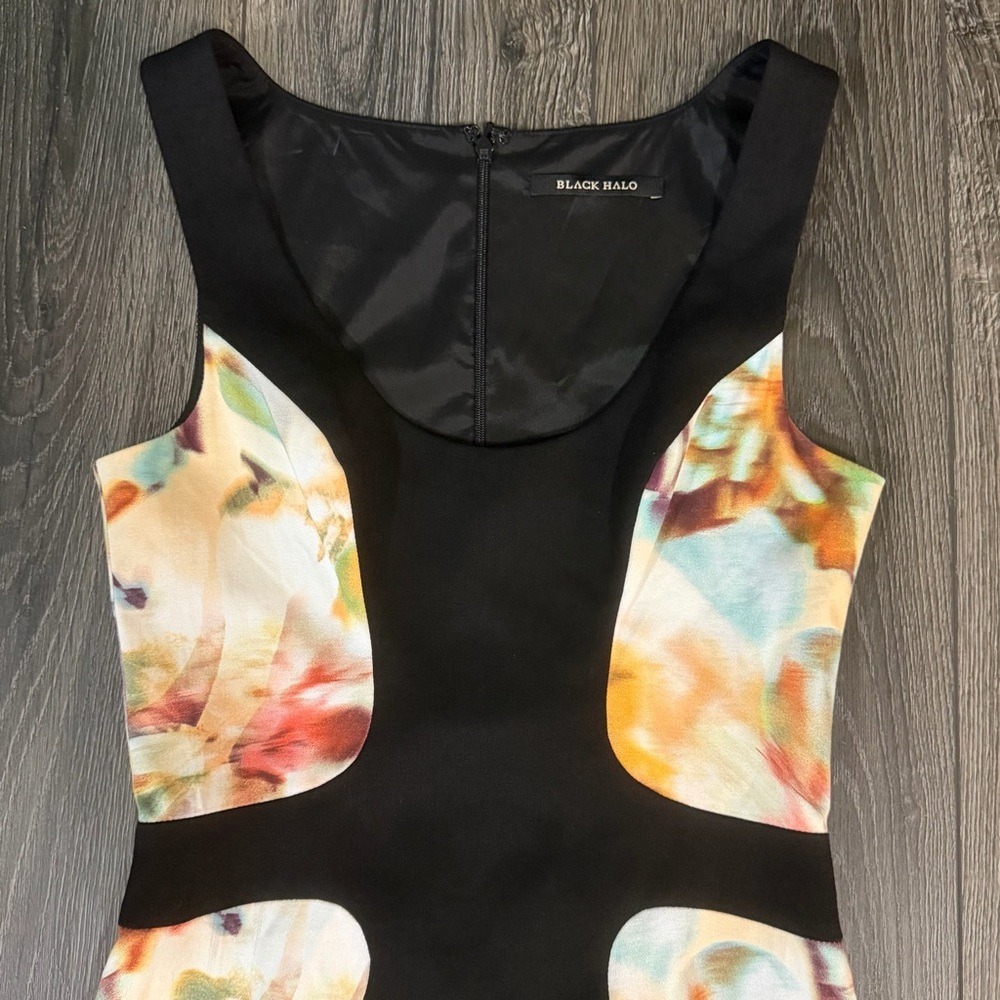 Black Halo Sheath Dress Sleeveless Color Block Floral Printed Fitted Size 2 - Picture 9 of 16
